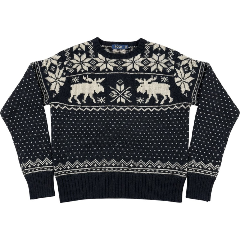 Polo Ralph Lauren Sweater Mens L Navy Blue Fair Isle Moose Merino Alpaca Wool